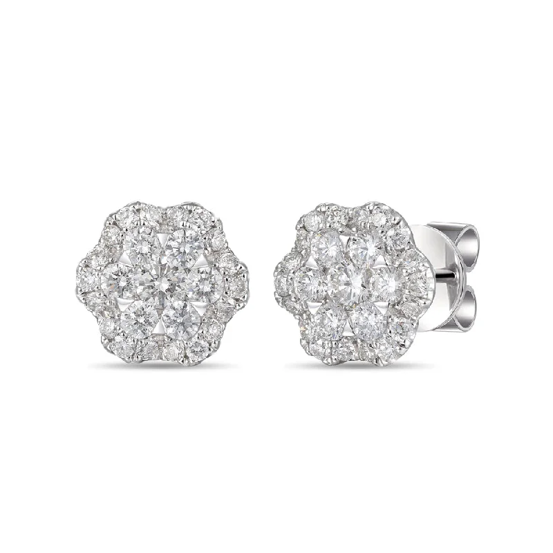 Modern Gold Earrings-18ct white gold diamond set flower earrings