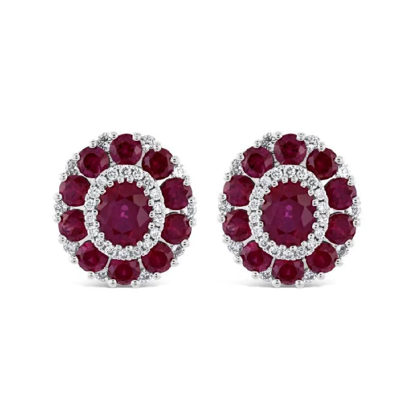 Unique Designer Earrings-18ct White Gold Oval Cut Ruby & Diamond Cluster Stud Earrings