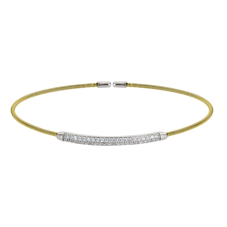 Simple Gold Bracelets-Gold Finish Sterling Silver Single Cable Cuff Bracelet with Rhodium Finish Double Row Simulated Diamonds