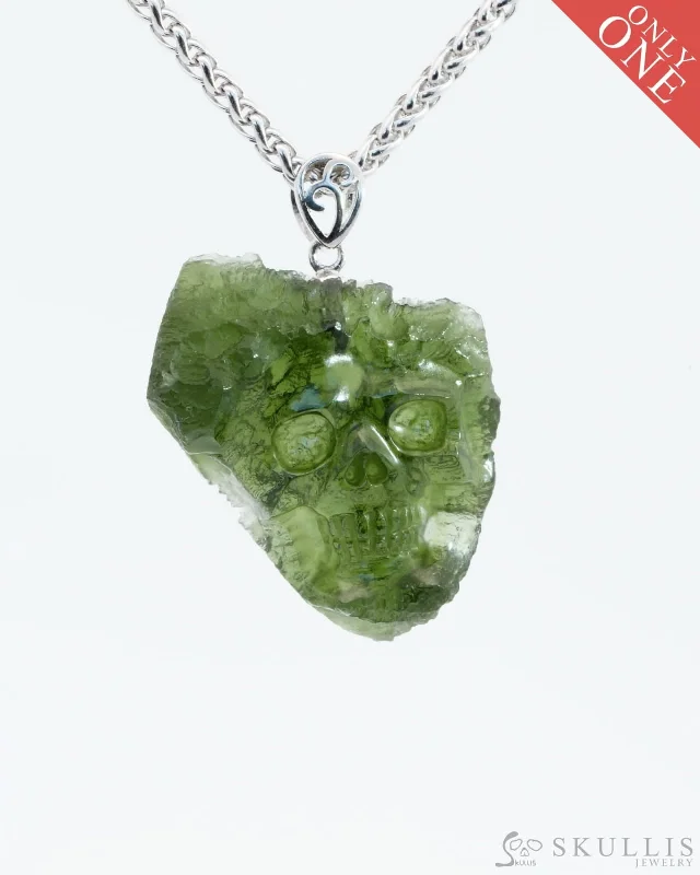 Personalized Wedding Band Set-Colorful Chain Pendant Necklace-Rare Gem Skull Pendant Necklace of Moldavite Crystal Carved Skull, 925 Sterling Silver - 0500031