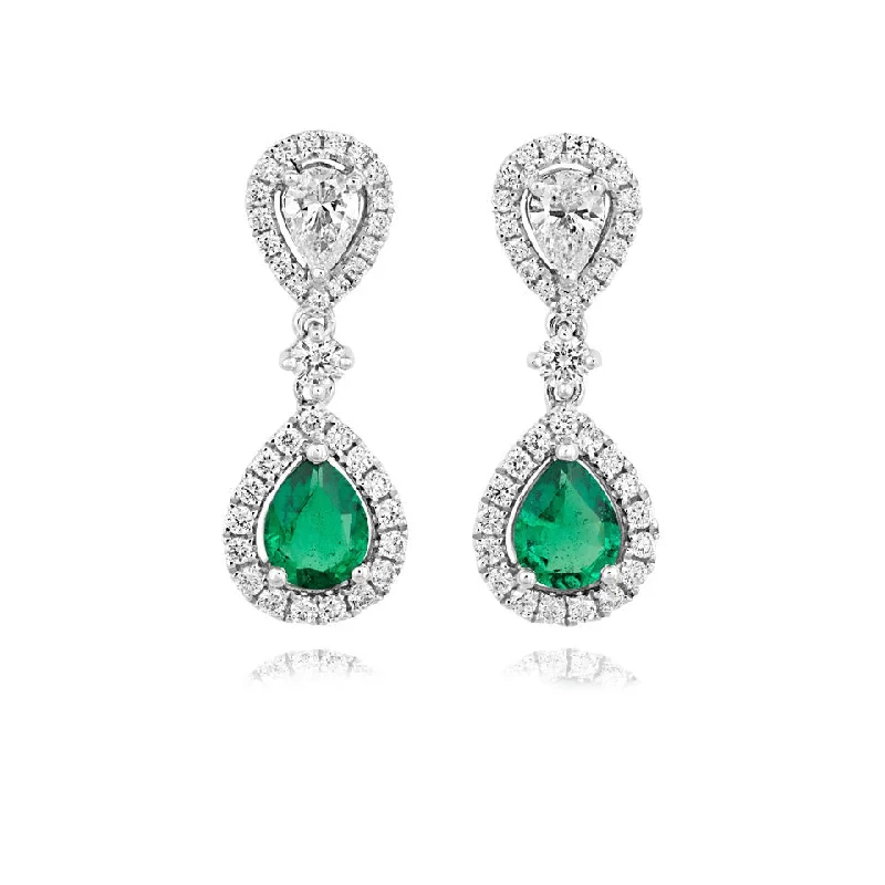 Handmade Pearl Drop Earrings-18ct white gold Emerald and Diamond and all Diamond pear shaped double cluster drop earrings