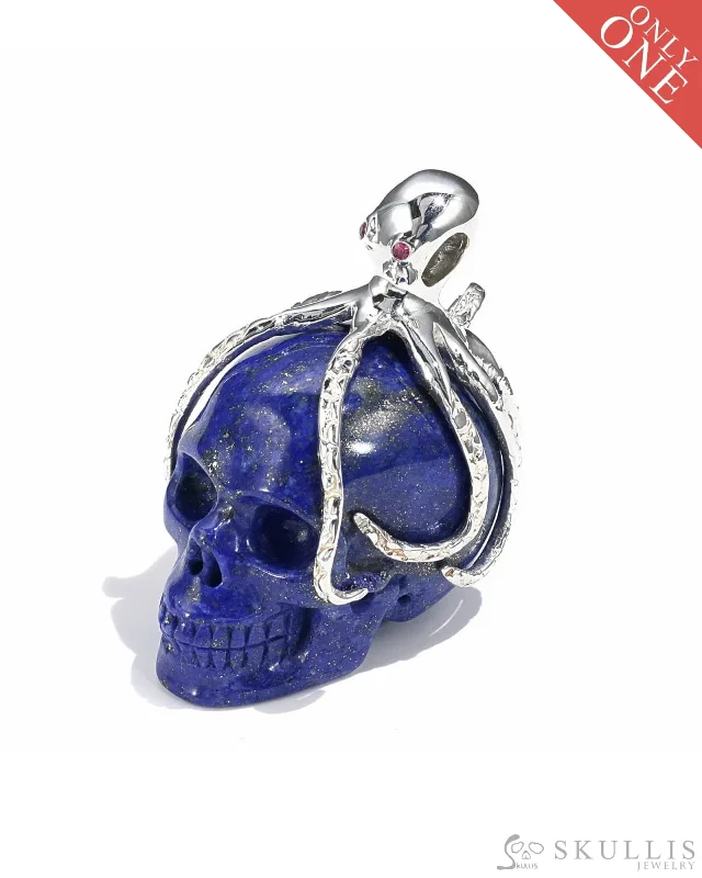 Personalized Custom Engagement Set-Designer Heart Pendant Necklace Set-Gem Skull Pendant Necklace of Lapis Lazuli Carved Skull with Ruby Eyes Octopus in 925 Sterling Silver - 9500019