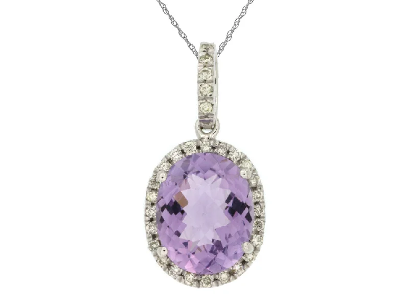 Wedding Ring with Matching Birthstones-Designer Custom Necklace Set-14K White Gold Oval Amethyst Diamond Halo Pendant Necklace