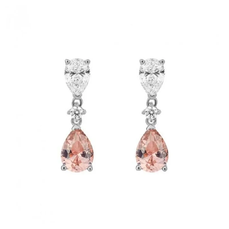 Silver Hoops with Diamonds-Silver Pear Shaped Pink Cubic Zirconia Drop Earrings