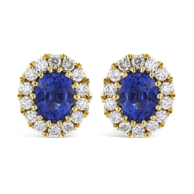 Crystal Hoop Earrings for Women-18ct Yellow Gold Oval Cut Sapphire & Diamond Cluster Stud Earrings