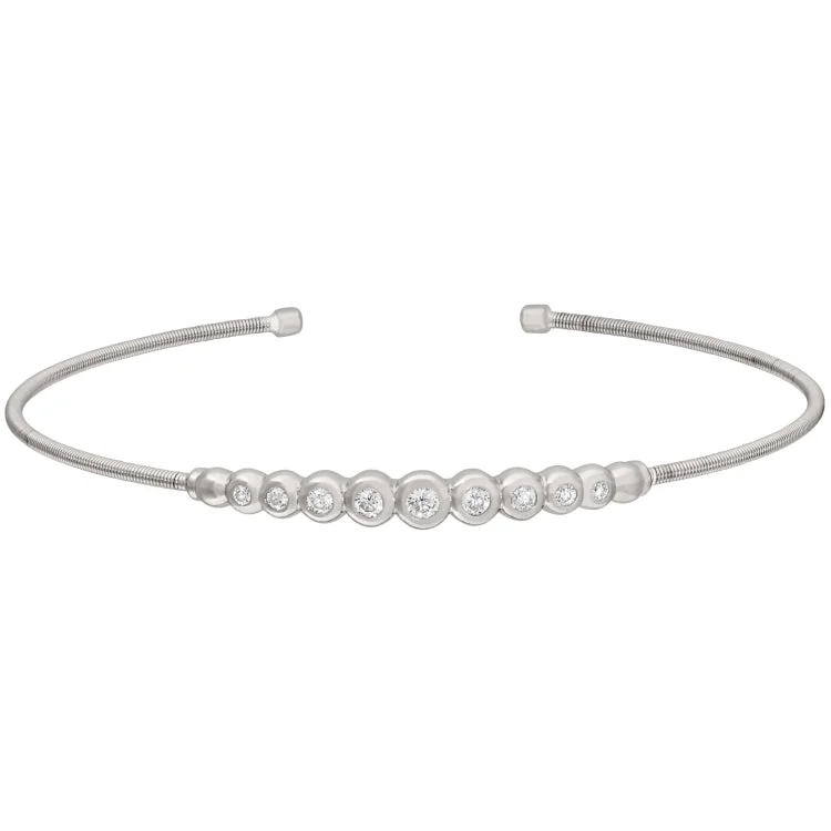 Modern Bracelets-Rhodium Finish Sterling Silver Cable Cuff Bracelet with Graduated Simulated Diamonds