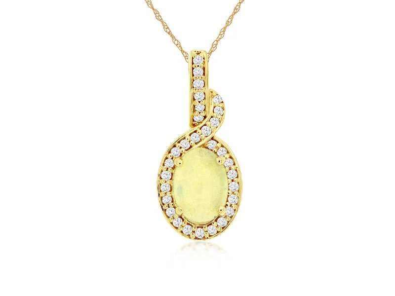 Two-Tone Engagement Ring-Gemstone Necklace-14K Yellow Gold Oval Opal Diamond Halo Pendant Necklace