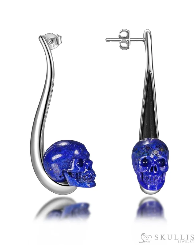 Bridal Silver Earrings-Gem Skull Earrings of Lapis Lazuli Carved Skull in 925 Sterling Silver