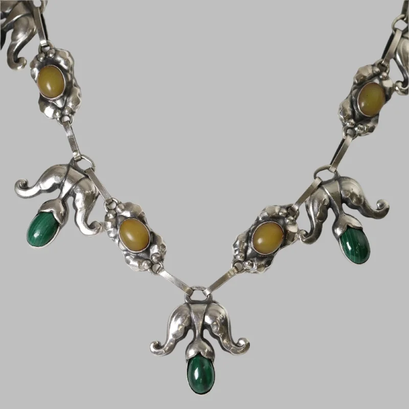 Opal Wedding Ring-Colorful Chain Necklace-Georg Jensen Jewelry | Amber Malachite Art Nouveau Silver Vintage Necklace 9