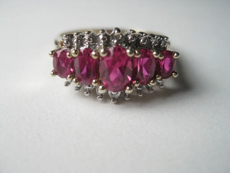 Designer Wedding Ring with DiamondsVintage 10kt Gold, 5 Ruby/Spinel Stones, Oval Cut, Diamond Ring, sz. 7.5 - GREAT