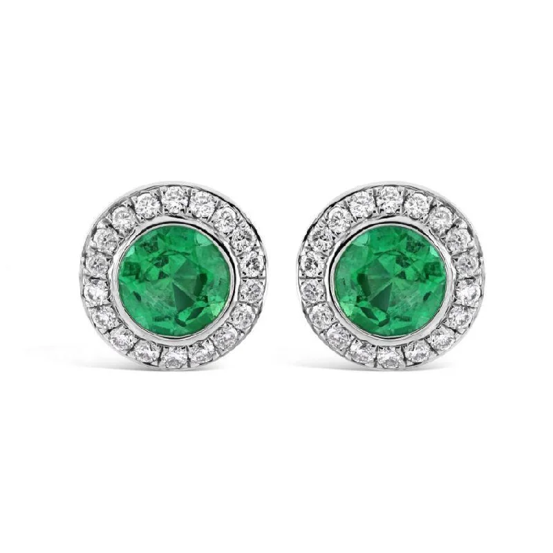 Double Drop Stud Earrings-18ct White Gold Round Cut Emerald & Diamond Halo Cluster Stud Earrings