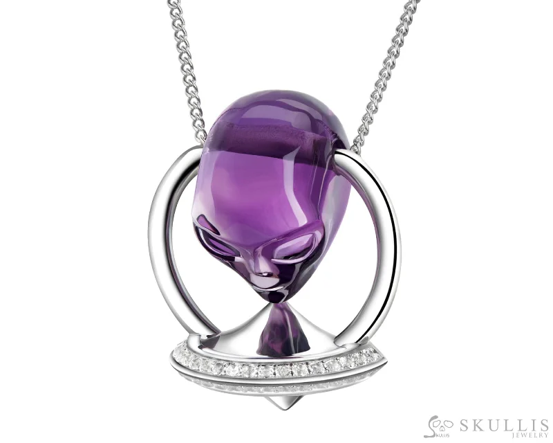 Custom Birthstone Engagement Ring Set-Gemstone Heart Pendant Necklace-Gem Skull Pendant Necklace of Amethyst Carved Alien in 925 Silver UFO