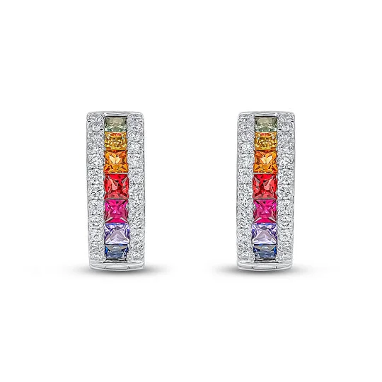 Fashion Gold Earrings-18ct White Gold Square Multi Sapphire & Diamond Huggy Hoop Earrings