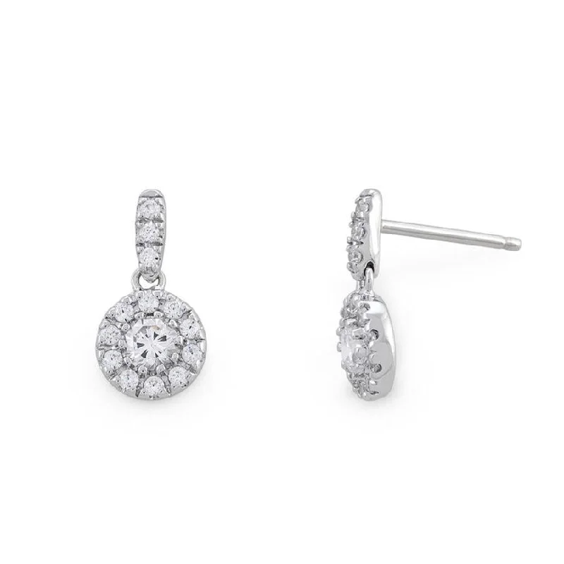 Dangle Pearl Earrings-9ct White Gold Round Diamond Halo Cluster Drop Earrings