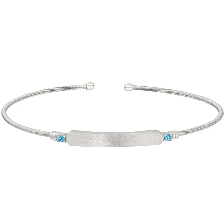 Designer Gold Bracelets-Rhodium Finish Sterling Silver Cable Cuff Bracelet with Name Plate and Simulated Aquamarine Birth Gems - March