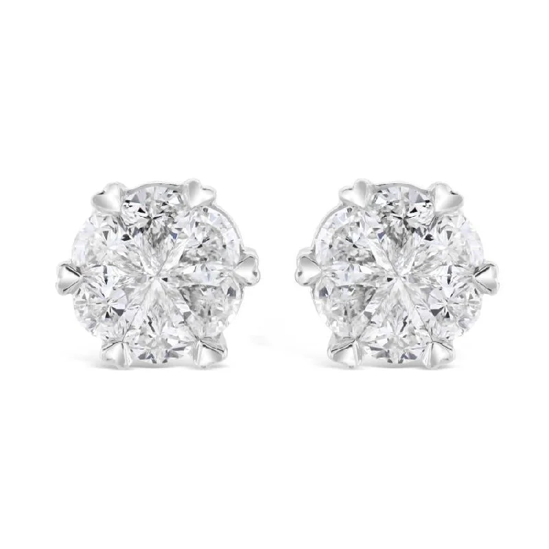 Trendy Crystal Earrings-18ct White Gold Triangular Cut Diamond Cluster Stud Earrings