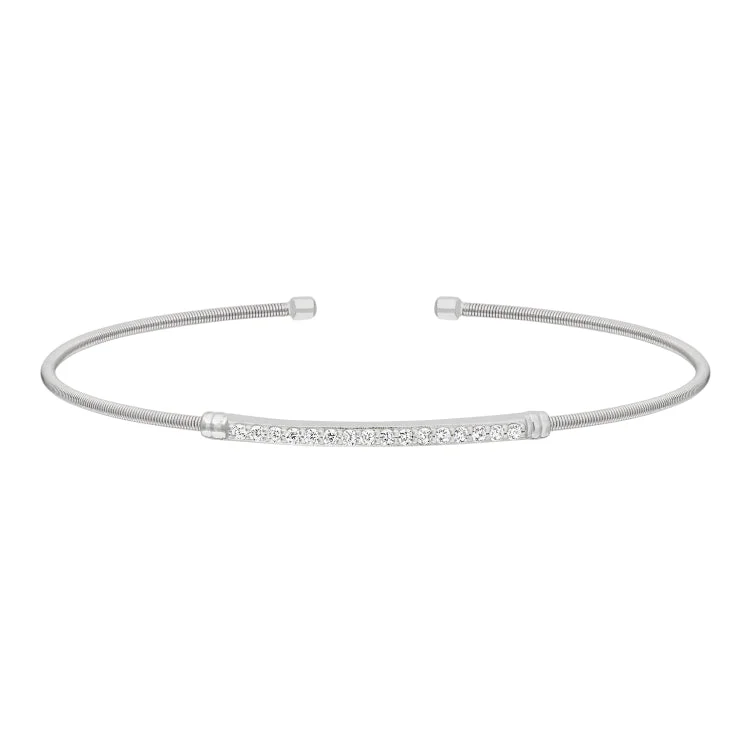 Crystal Bracelets-Rhodium Finish Sterling Silver Cable Cuff Bracelet with Simulated Diamond Birth Gems - April