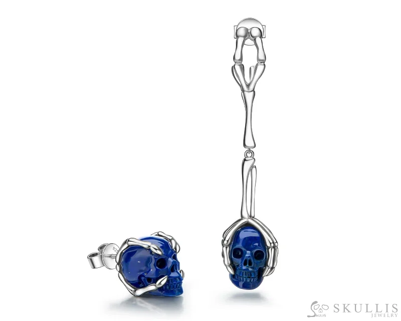 Crystal Huggie Earrings-Gem Skull Earrings of Lapis Lazuli Carved Skull in 925 Sterling Silver