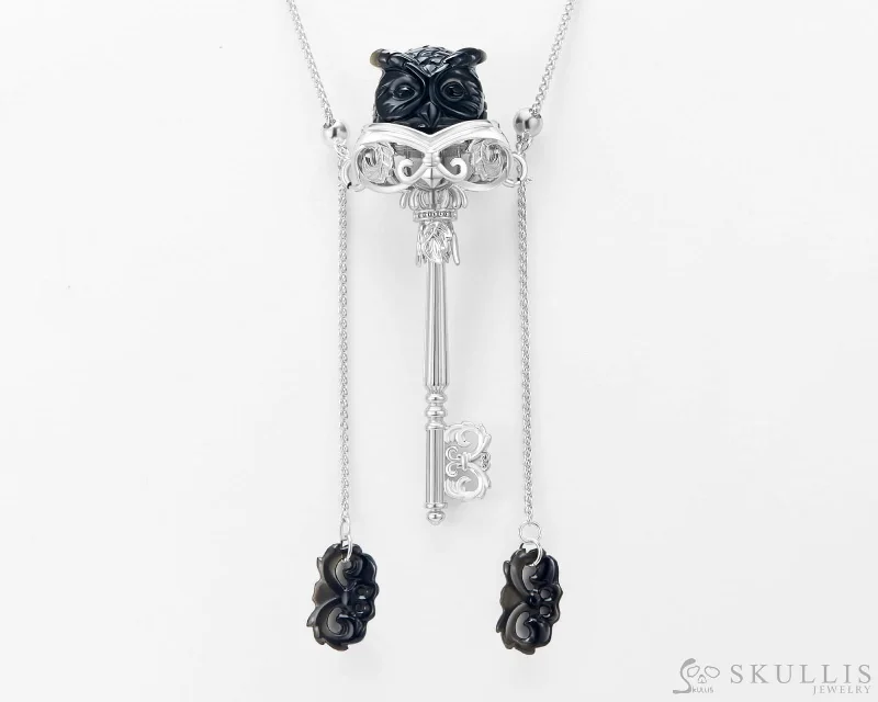 Simple Wedding Ring Set for Women-Modern Crystal Necklace-Gem Owl Pendant Necklace of Black Obsidian Carved Owl in 925 Silver