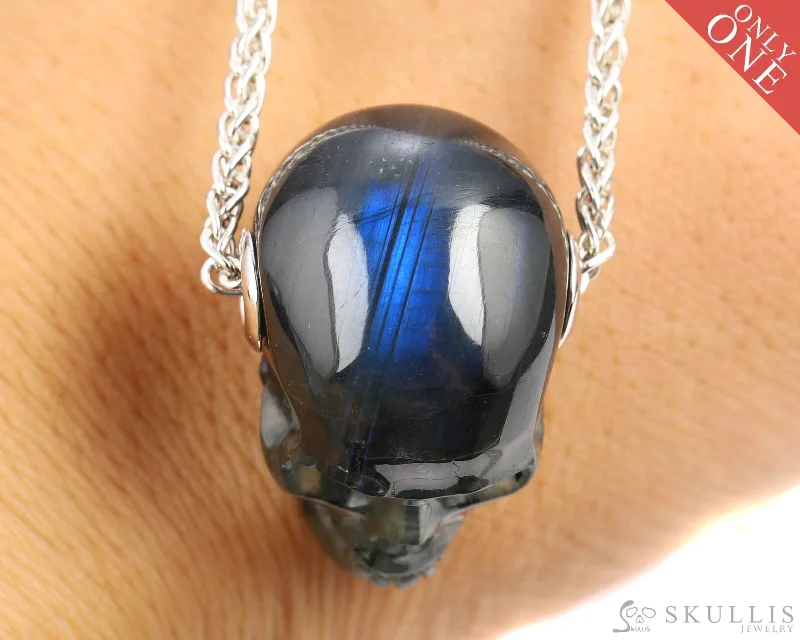 Wedding Band for Him-Designer Gemstone Pendant Necklace-Skullis Signature Labradorite Gem Skull Pendant or Necklace, Hand Carved, Sterling Silver 925 Chain, for Women & Men - 9500026