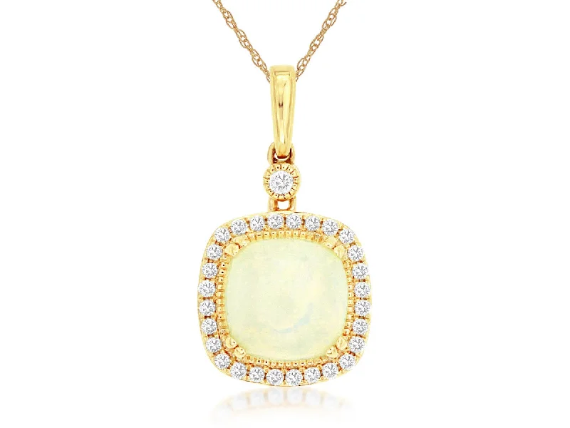 Custom Vintage Engagement Ring-Large Necklace-Cushion Cut Opal and Halo Diamond Pendant Necklace