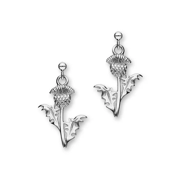 Modern Dangle Earrings-Scottish Thistle Sterling Silver Long Drop Earrings, E1013