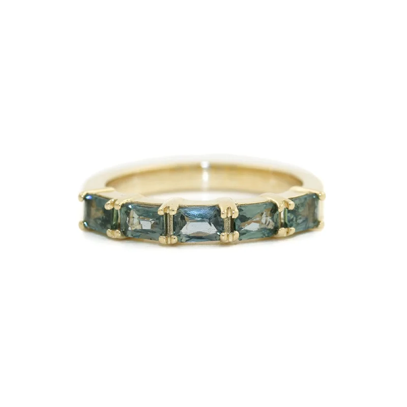 Sapphire and Diamond Wedding Ring Set14K Gold Emerald- Cut Teal Sapphire Bead- Set Band