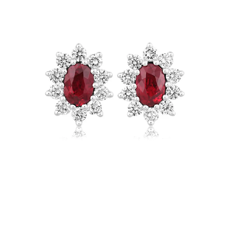 Gold Earrings for Teens-18ct white gold oval ruby and brilliant cut claw set stud earrings