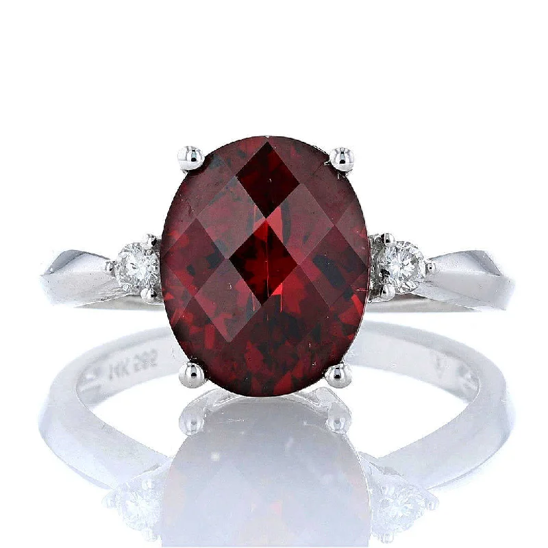 Personalized Engagement Ring for AnniversaryOval Garnet & Diamond 3 Stone Ring