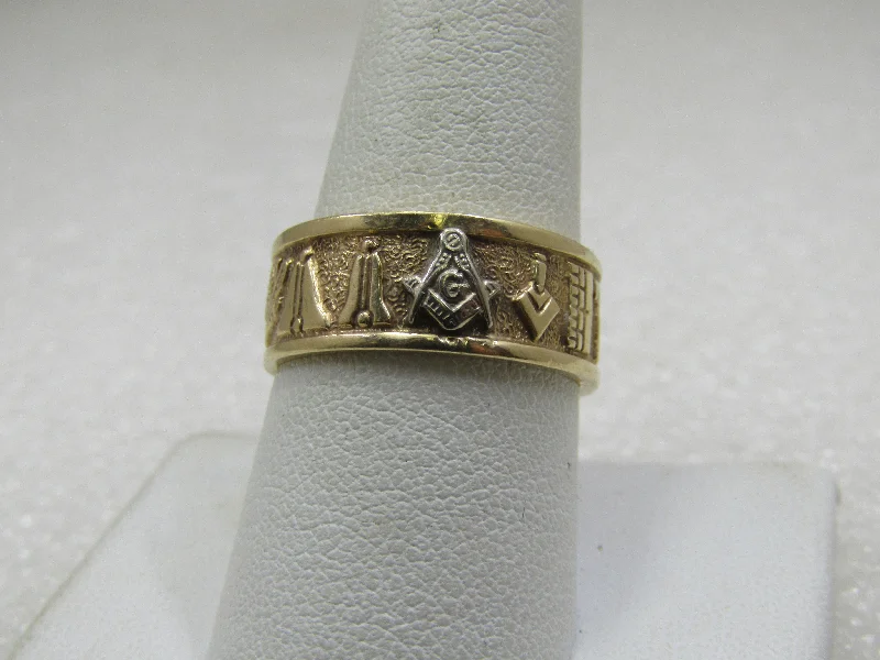 Classic Wedding Ring for Her with Custom DesignVintage 14kt Masonic 8mm Symbol Band Ring, Sz. 9 , Signed MECCA, Two Tone