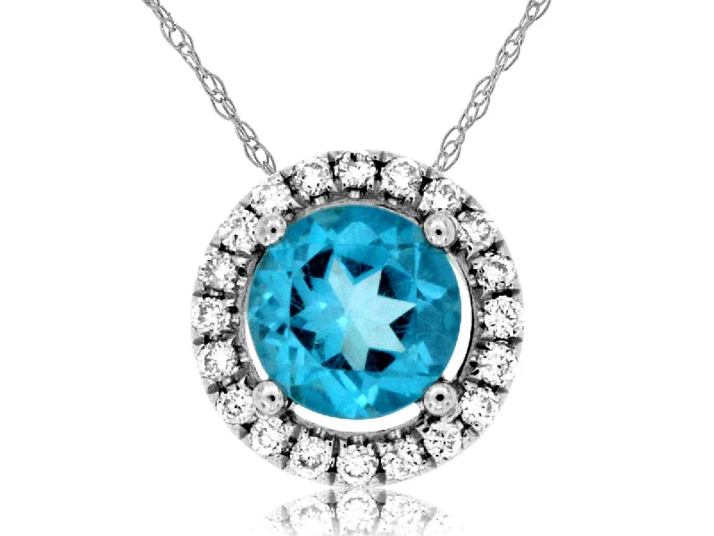 Classic Wedding Ring Set-Pearl Necklace-14K White Gold Round Blue Topaz with Diamond Halo Pendant Necklace