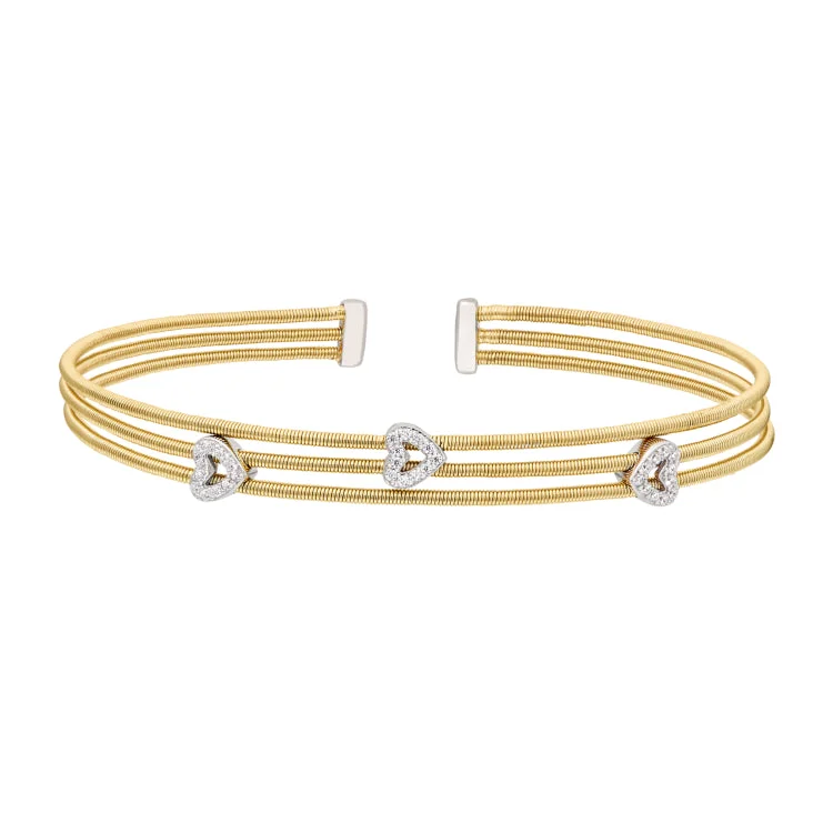 Gemstone Bracelets-Gold Finish Sterling Silver Three Cable Cuff Bracelet with Rhodium Finish Simulated Diamond Open Hearts