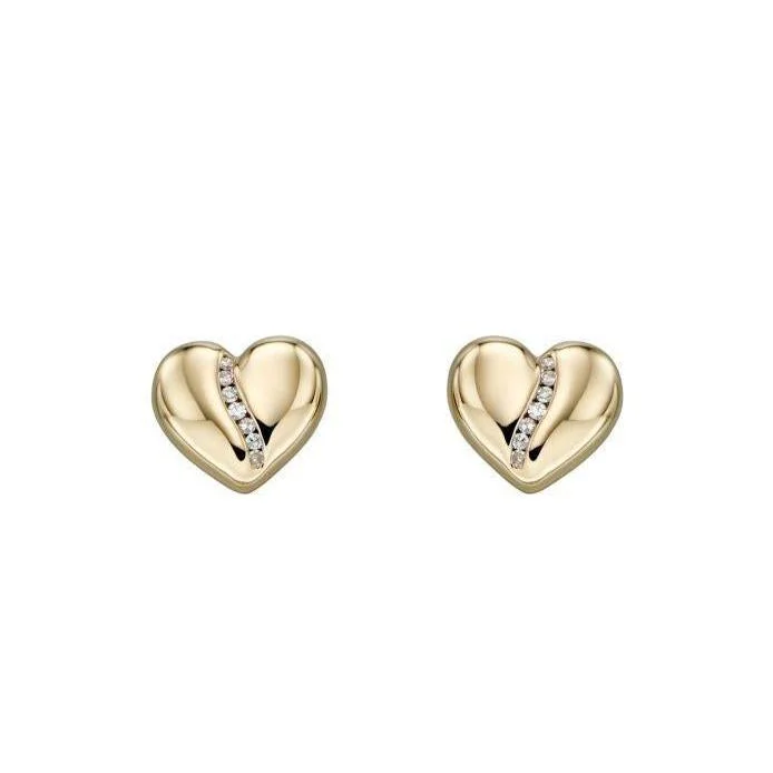 Clear Crystal Drop Earrings-9ct Yellow Gold Channel Set Diamond Heart Stud Earrings