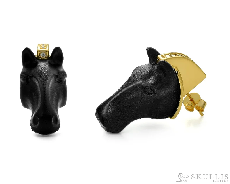 Art Deco Earrings-Gem Earrings of Black Obsidian Carved Horse Head