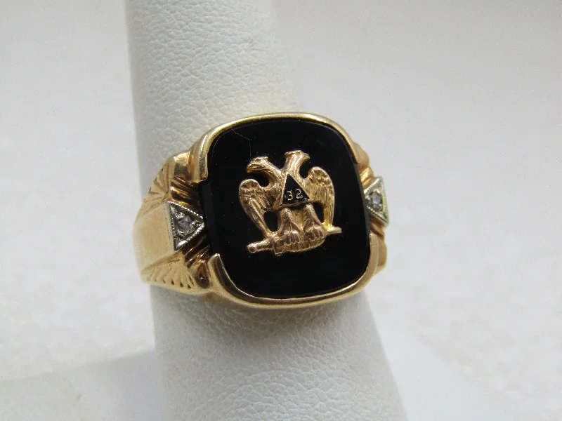 Gold Wedding Band with DiamondsVintage 10kt Masonic Diamond Onyx Eagle 32nd Level Ring,  signed Romany, Sz. 9