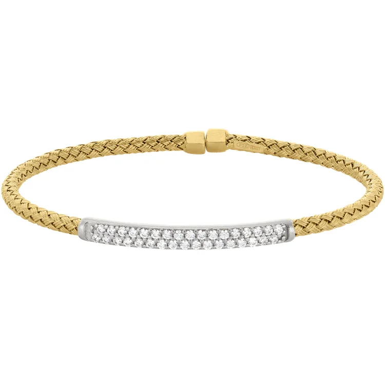 Friendship Bracelets-Gold Finish Sterling Silver Basketweave Cuff Bracelet with Rhodium Finish Simulated Diamonds