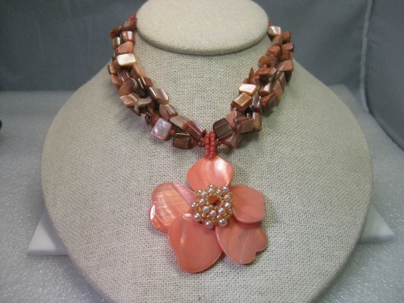 Classic Band Ring Set-Cross Chain Necklace-Vintage Shell Multi-Strand Necklace, Floral Pendant & Pierced Earring Set, Coral and Browns, Seed Beads.