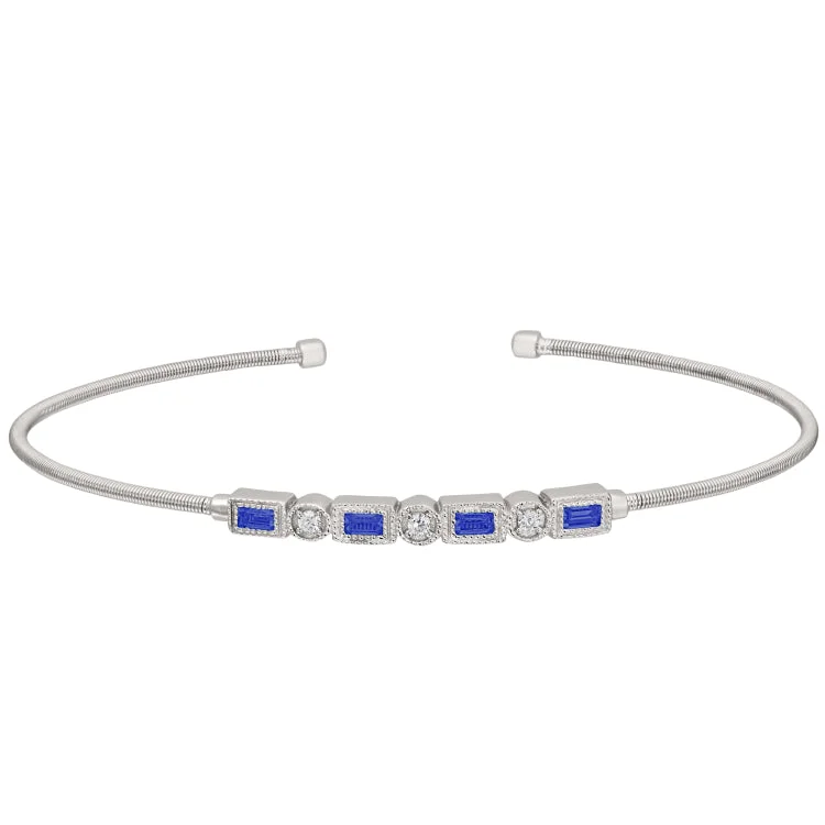 Bangles And Bracelets Set-Rhodium Finish Sterling Silver Cable Cuff Bracelet with Simulated Sapphires and Simulated Diamonds