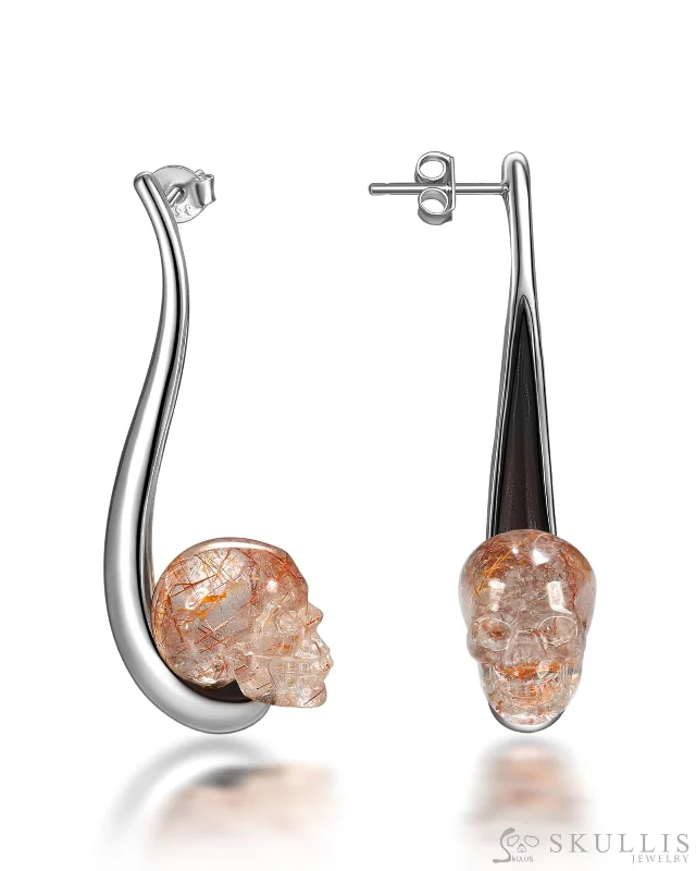 Gold & Pearl Earrings-Gem Skull Earrings of Rutilated Quartz Rock Carved Skull in 925 Sterling Silver