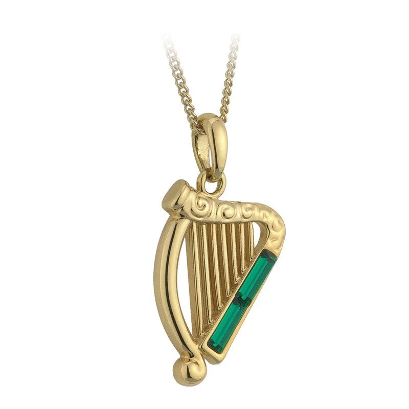 Custom Engagement Ring for Anniversary-Designer Pendant for Necklace-Gold Plated Green Harp Pendant