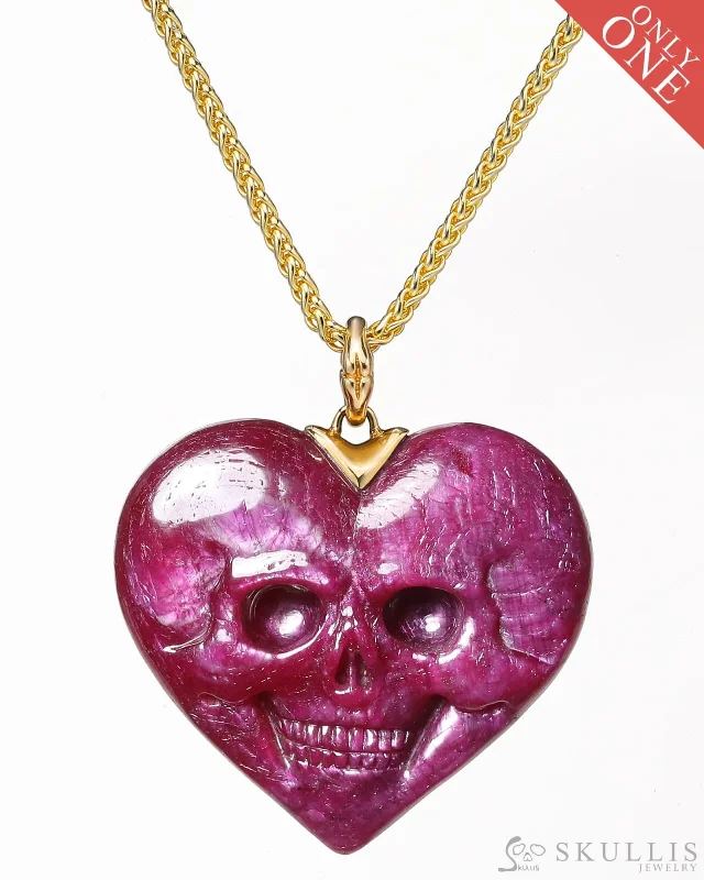 Personalized Platinum Wedding Ring-Personalized Gold Chain Necklace-Heart---Gem Skull Pendant Necklace of Ruby Carved Skull with 18K Gold & 18K Gold Plated Sterling Silver Chain - 0813532