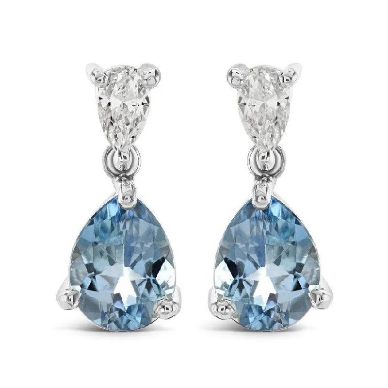 Gold Cluster Drop Earrings-18ct White Gold Pear Cut Aquamarine & Diamond Drop Earrings