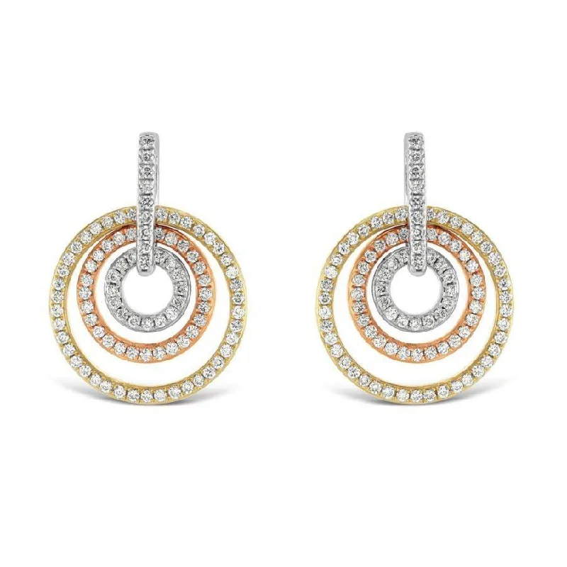 Elegant Drop Hoop Earrings-18ct Yellow, White & Rose Gold Diamond Set Concentric Circle Drop Earrings