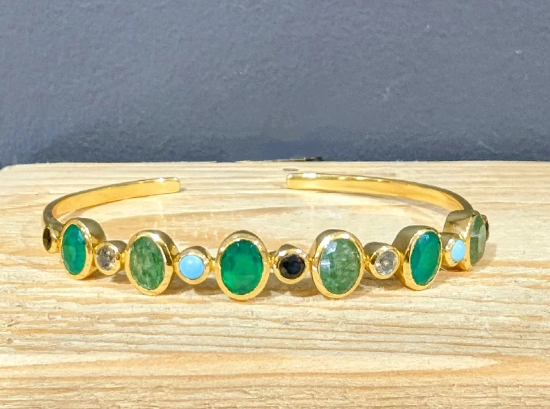 Wedding Gold Bangle Sets-18ct Gold Vermeil and Mixed Green Gemstone Cuff Bangle