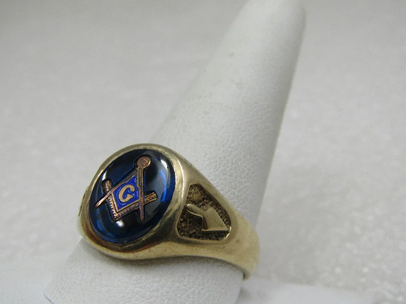 Custom Engagement Ring Set for HerVintage 10kt Masonic Ring, Blue Spinel, Sz. 12.5, Oval, Mid-Century