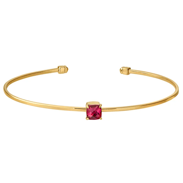 Simple Cuff Bracelets-Gold Finish Sterling Silver Pliable Cuff Bracelet with Faceted Cushion Cut Simulated Ruby Birth Gem - July