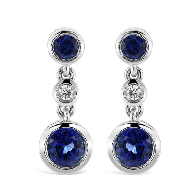 Fashionable Drop Earrings-18ct White Gold Rubover Set Sapphire & Diamond Drop Earrings