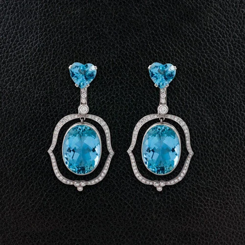 Silver Drop Earrings-Aquamarine & Diamond Estate Earrings