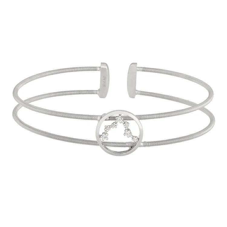 Leather Bracelets-Rhodium Finish Sterling Silver Cable Cuff Constellation Bracelet with Simulated Diamonds - Pisces