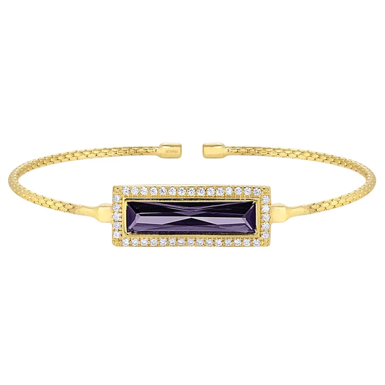 Handmade Gemstone Bracelets-Gold Finish Sterling Silver Cable Cuff Bracelet with Rectangular Simulated Amethyst Stone and Simulated Diamonds